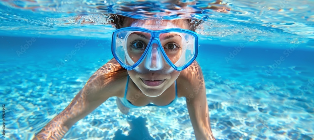 Naklejka premium Captivating underwater adventure young woman enjoying a swim in the pristine and clear blue waters