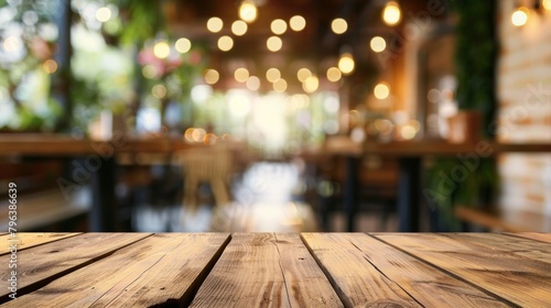 Empty wooden tabletop with the blurred ambiance of a restaurant's exuberance. AI Generative.