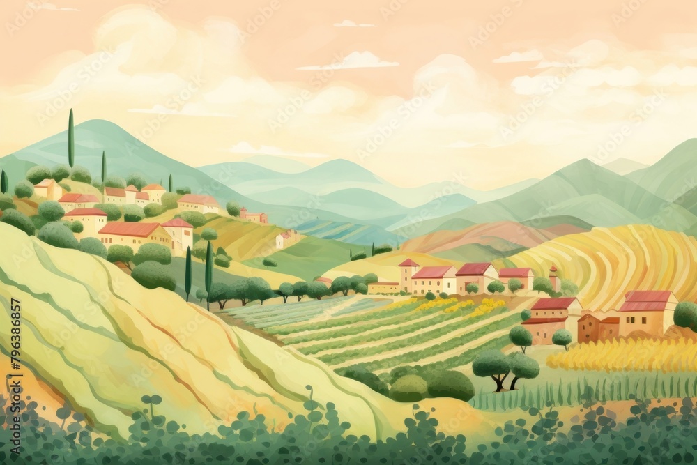 Fototapeta premium Illustration of farm on mountain painting agriculture landscape.