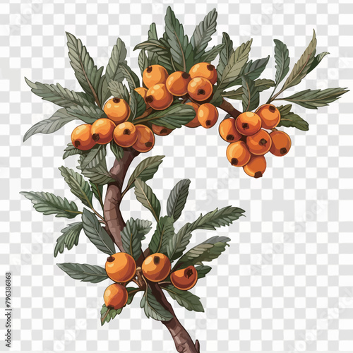 Sea buckthorn branch with ripe berries. Vector hand drawn illustration.