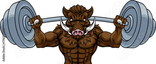 A boar razorback hog weight lifting gym animal sports mascot lifting a barbell