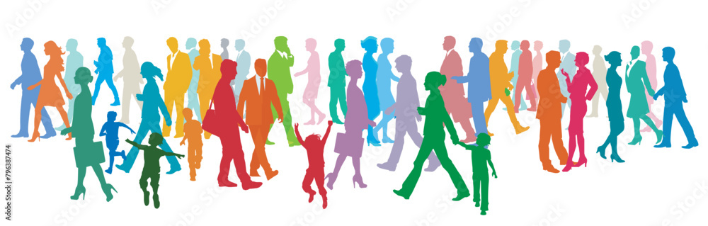 Eine große bunte Gruppe von Menschen in der Stadt. Illustration Eine große bunte Gruppe von Menschen in der Stadt. Illustration