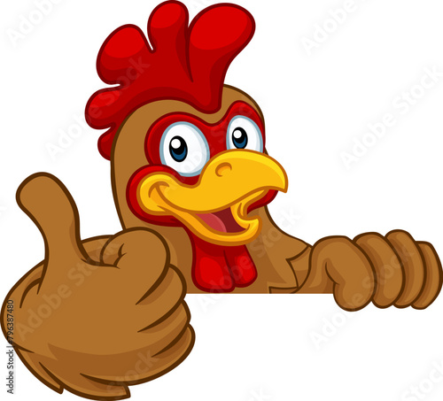A chicken rooster cockerel bird cartoon character peeking over a sign and giving a thumbs up