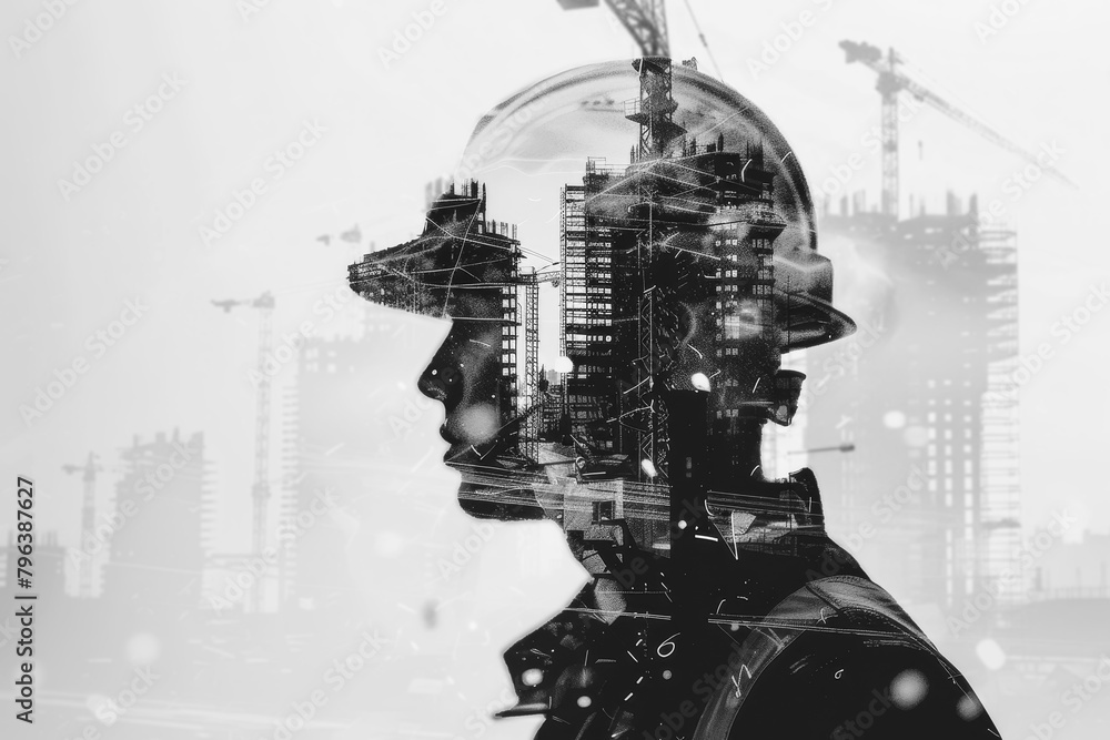 engineer with safety helmet in a double exposure, buildings under construction at background