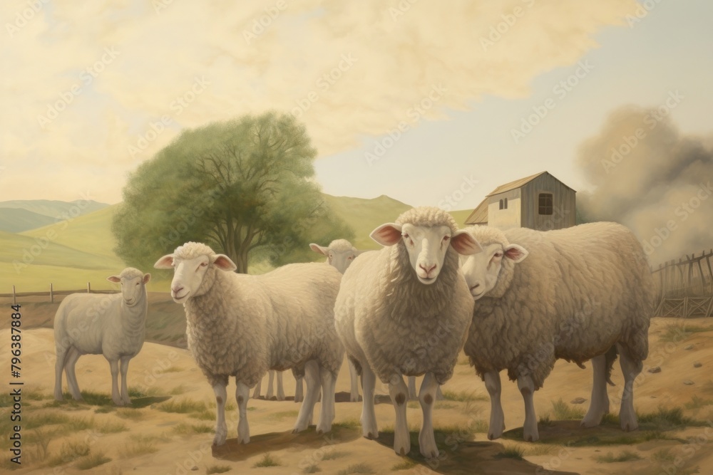 Fototapeta premium Illustration of sheep in farm livestock outdoors painting.