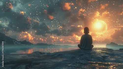 Guided VR meditation sessions set on peaceful planets or under the light of distant stars providing a unique backdrop for relaxation