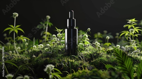 Black glass bottle with pipette on green moss surrounded by cannabis flowers. Black background. Cosmetic branding.