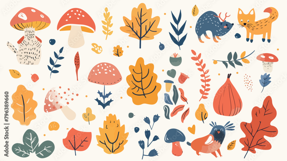 Autumn hand drawn elements collection with lettering.