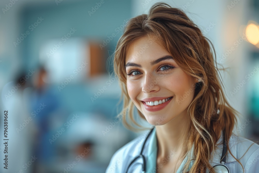 A cheerful young female doctor with an inviting smile in a hospital setting, radiating friendliness A cheerful young female doctor with an inviting smile in a hospital setting, radiating friendliness