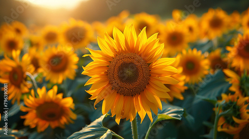 Group of sunflowers with bright yellow petals and brown centers in a sunny field