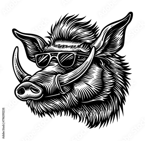 boar wear sunglasses engraving black and white outline