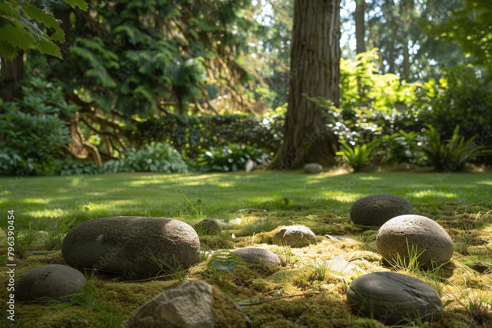 Sunlit Garden with Natural Stone Arrangement, Peaceful Greenery and Forest Background