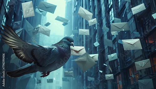 Conceptual scene with a pigeon delivering sealed envelopes to office buildings illustrating traditional communication in the digital age
