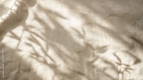 Floral sunlight shadows on a neutral beige cloth, aesthetic minimalist natural background with copy space
