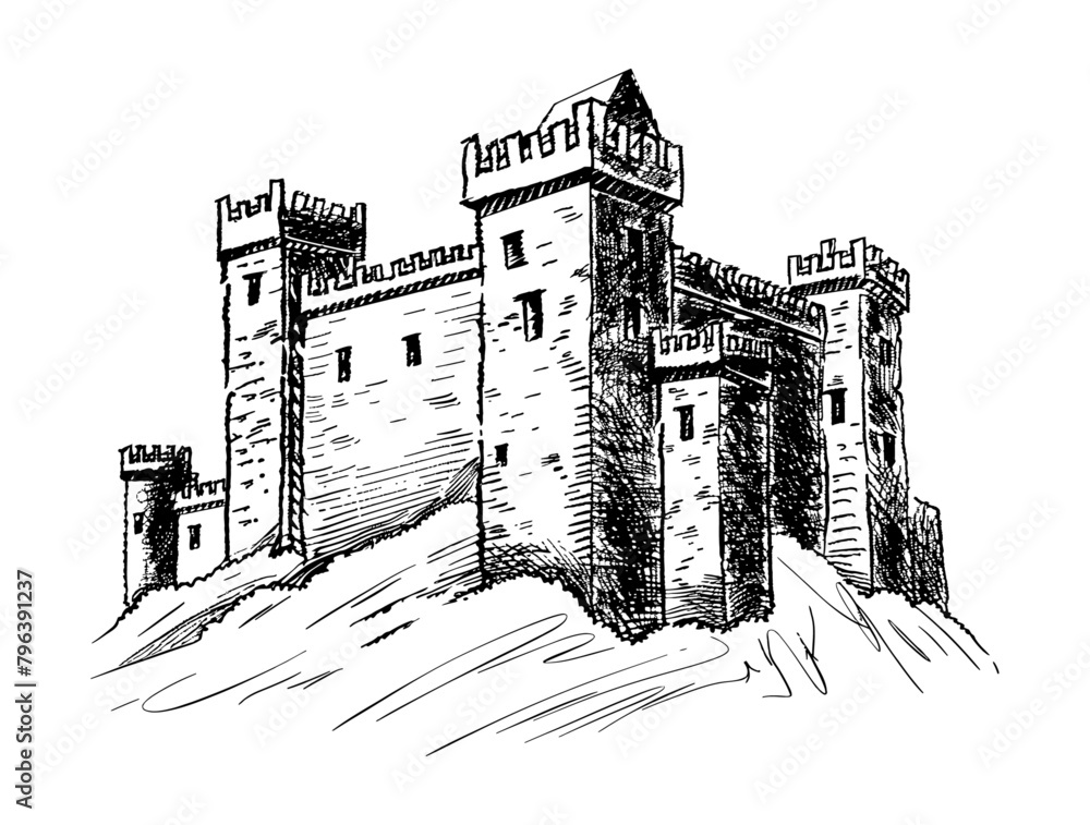 castle engraving black and white outline