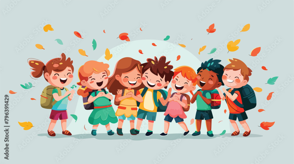 Back to school greeting card with happy children embrance