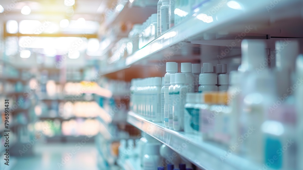 Blurred shelves with various medical products in pharmacy, in close-up image.