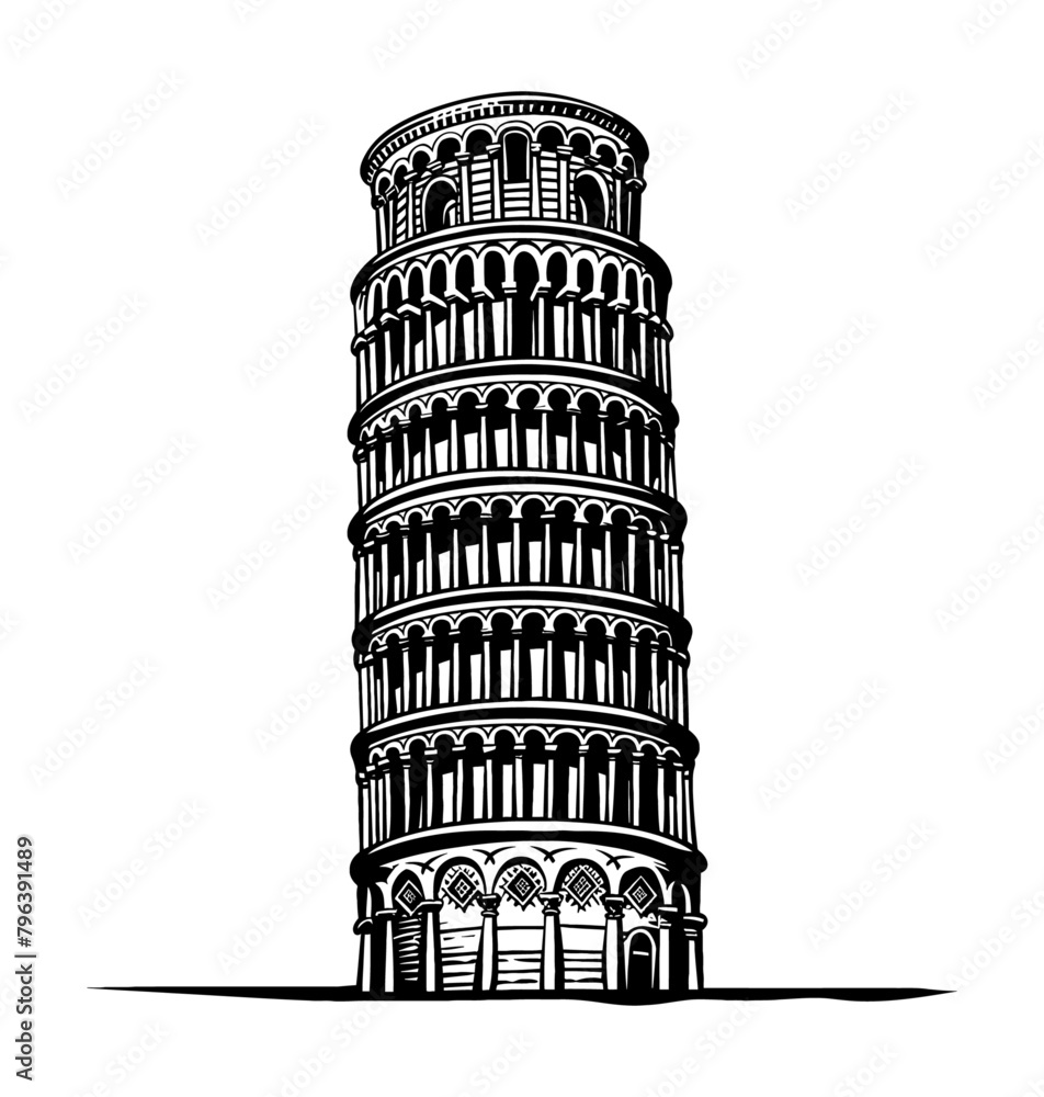 pisa tower engraving black and white outline