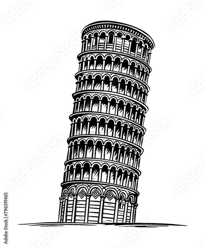 pisa tower engraving black and white outline