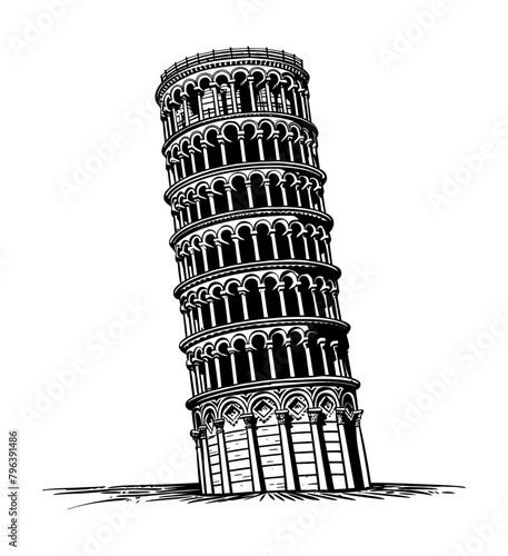 pisa tower engraving black and white outline