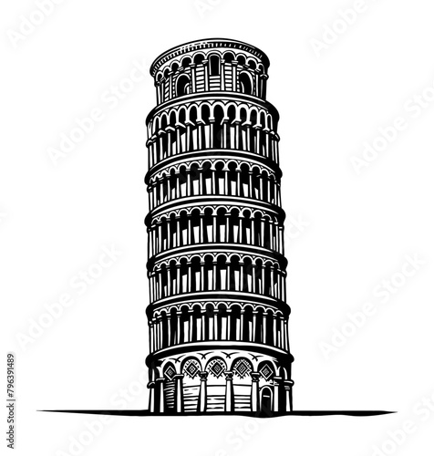 pisa tower engraving black and white outline