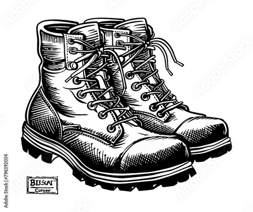 outdoor boot engraving black and white outline