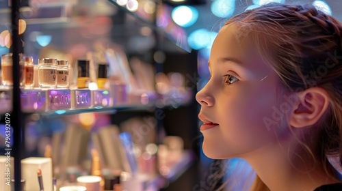 Young girl looking at makeup show in cosmetics shop