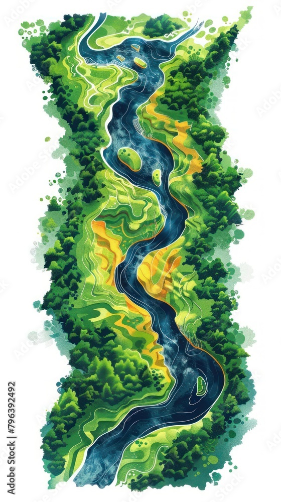 Obraz premium Illustration depicting the view of a river from above, showing the natural meandering forms and the surrounding landscape
