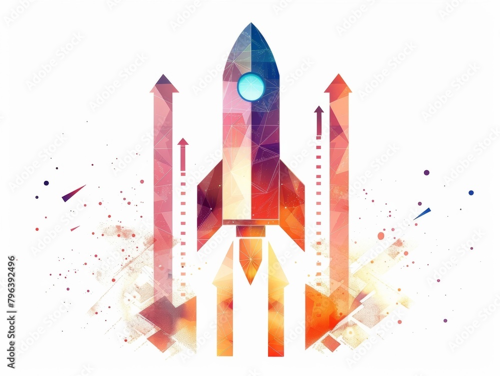 Upward Bound Rocket and Arrows on a Stark White Background - Startup Progress, Upward Trends, Success - Investment, Technology