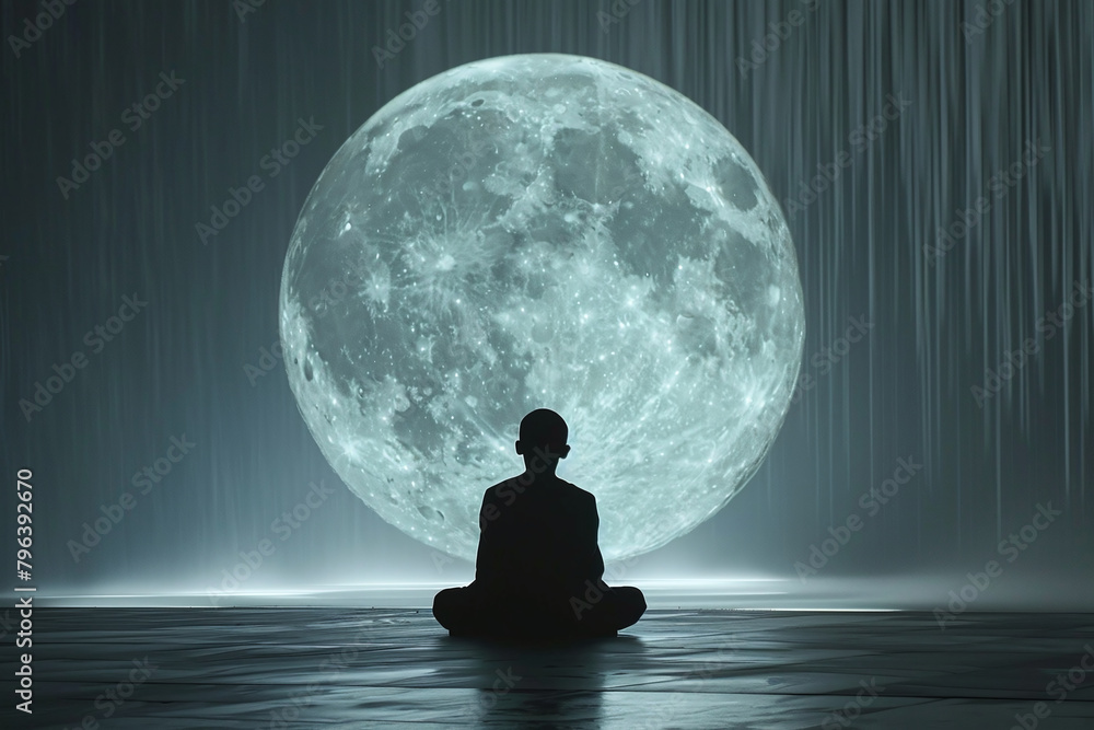 Silhouette Meditation Under Full Moon, Person in Lotus Pose with Moonlight Backdrop Silhouette Meditation Under Full Moon, Person in Lotus Pose with Moonlight Backdrop