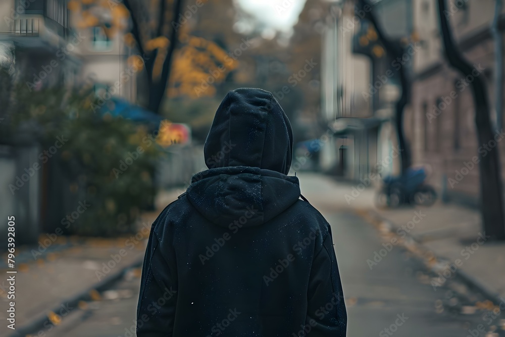 Man in black hoodie photographed from behind in urban setting. Concept Street Photography, Urban Lifestyle, Fashion, Men's Style, Hoodie Trend Man in black hoodie photographed from behind in urban setting. Concept Street Photography, Urban Lifestyle, Fashion, Men's Style, Hoodie Trend