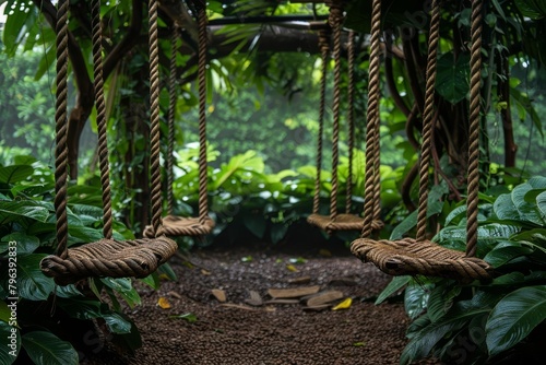 A set of swings made from woven vines and branches, nestled within the boughs of a lush, tropical rainforest
