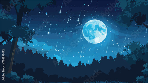 Beautiful night forest scene with a full moon and fal