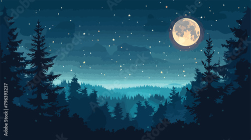 Fototapeta Naklejka Na Ścianę i Meble -  Beautiful night forest scene with a full moon and fal