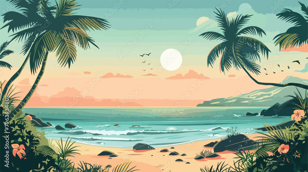 Beautiful tropical beach scene with sun and palm illustration