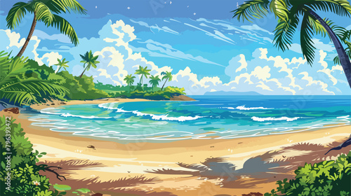 Fototapeta Naklejka Na Ścianę i Meble -  Beautiful tropical beach scene illustration Vector illustration