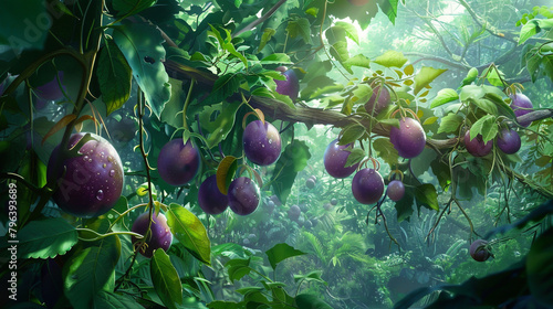 In a lush jungle clearing, ripe passionfruit dangle amidst tangled vines, awaiting harvest photo