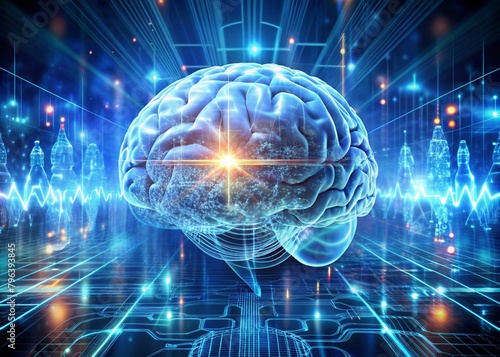 Digital technologies of the future. Artificial intelligence. The brain and digital codes on a virtual screen. The image was created using artificial intelligence.