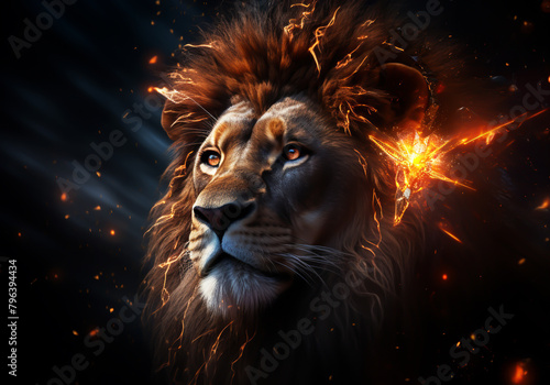 Lion portrait illustration with light and color