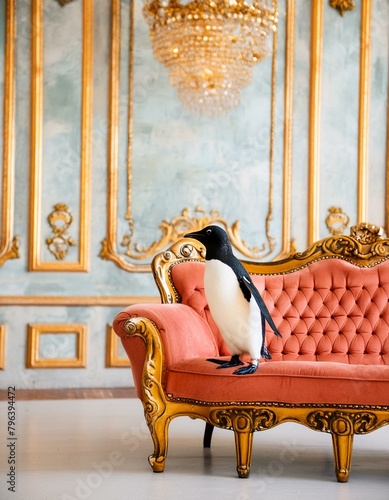 pingouin sur un canapé cossu rose en ia générative photo