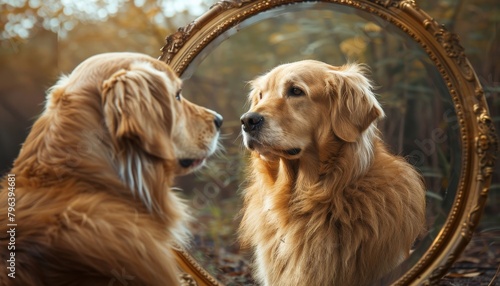 Artistic rendering of a dog seeing itself as a lion in the mirror exploring themes of selfperception and branding in business photo