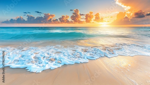 Tranquil tropical beach sunset inspiring panoramic seascape with golden sky and calm sand