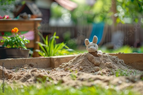 A cozy backyard sandpit, where a young child is carefully burying their favorite stuffed animal, leaving just its head peeking out of the sand photo