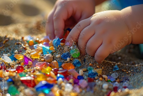 A closeup of a childs hand gently brushing away sand to reveal a buried treasure of plastic gems and coins