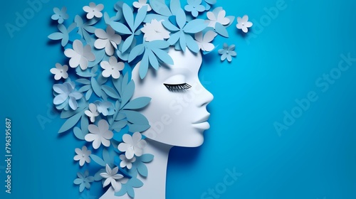 3d illustration of blue paper mask with flowers on blue background.