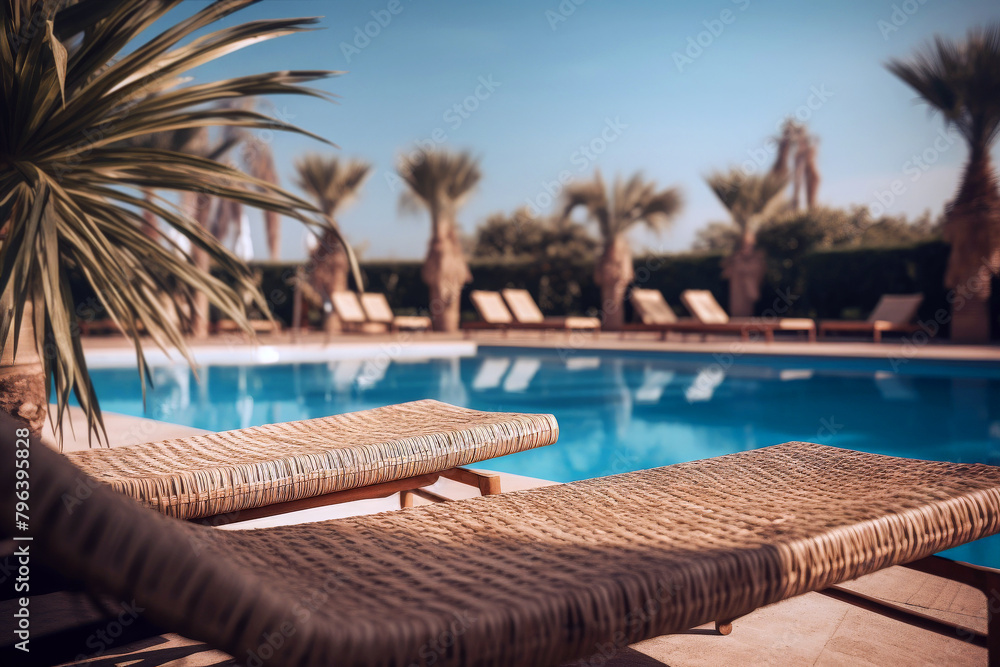 Obraz premium Swimming pool with sun loungers and palm trees on background