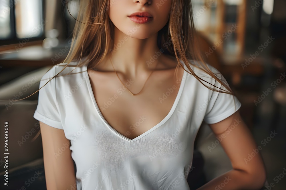 Fototapeta premium Fashionable young woman in white V-neck shirt and jeans strikes a pose indoors. Concept Fashion Photography, Indoor Portraits, Casual Chic Outfit, Stylish Pose