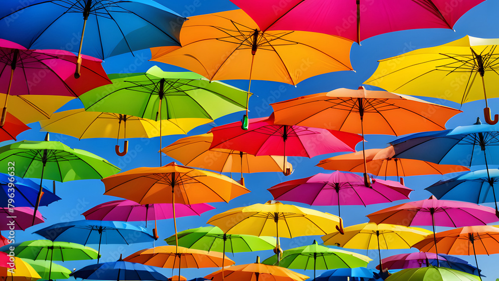 Colourful umbrellas in the sky with nice sky blue color