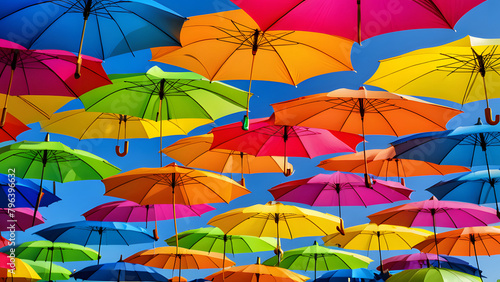 Colourful umbrellas in the sky with nice sky blue color