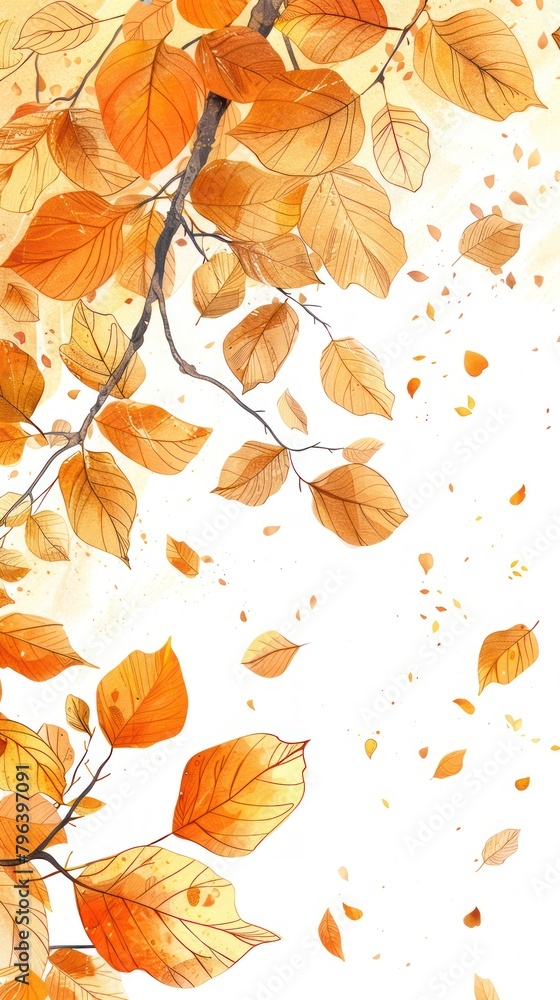 Illustration of autumn leaves in various shades of gold, drifting down from their branches
